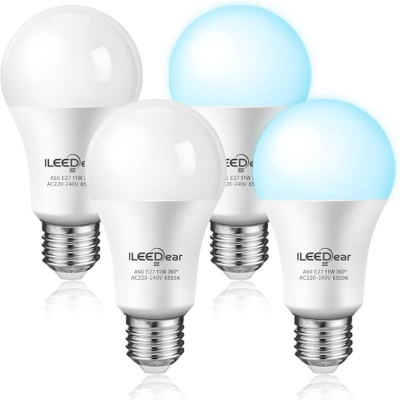 Dusk to Dawn LED Light Bulbs 11W with Daylight Sensors, E27 Edison Screw, Auto On Off, Outdoor Night Light from Dusk Till Dawn, Security Bulbs, Cool White 6500K, 4 Pack [Energy Class E]