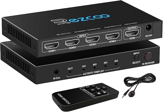 4K 120Hz HDMI 2.1 Switch 4x1 Audio Extractor VRR ALLM HDCP2.3 ARC HDR10+ CEC Optical SPDIF Optical and 3.5mm AUX Audio out,HDMI Auto Switch 4 IN 1OUT IR Remote Dolby Digital EDID for PS5 Xbox NVIDIA