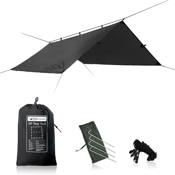 DD Hammocks - DD Tarp 3x3 - Jet Black - Lightweight and 100% Waterproof Camping Shelter with 4x Pegs and Guy Lines for Bushcraft Hiking and Survival Adventure