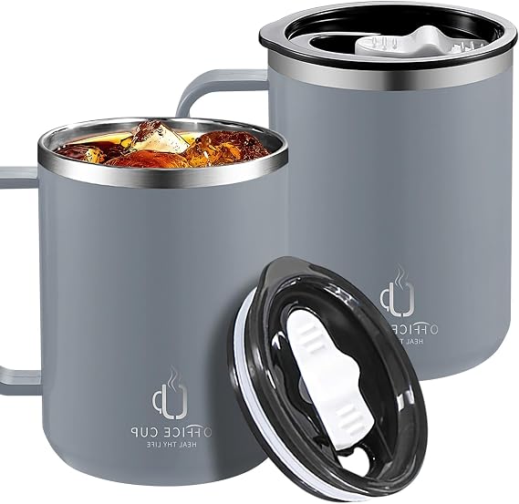 500 ml Double Wall Insulated Stainless Steel Travel Coffee Mug with Handle and Sliding Lid, Thermal Coffee Cup, Coffee Tumbler Cup for Camping Home office (Grey)