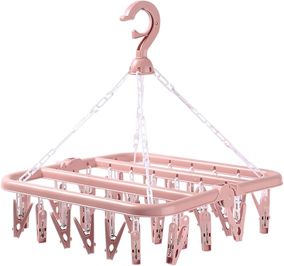Laundry Clothes Drying Hanger and Drip Foldable Drying Rack Hanging Sock Rack with 32 Clips (Nordic Pink)
