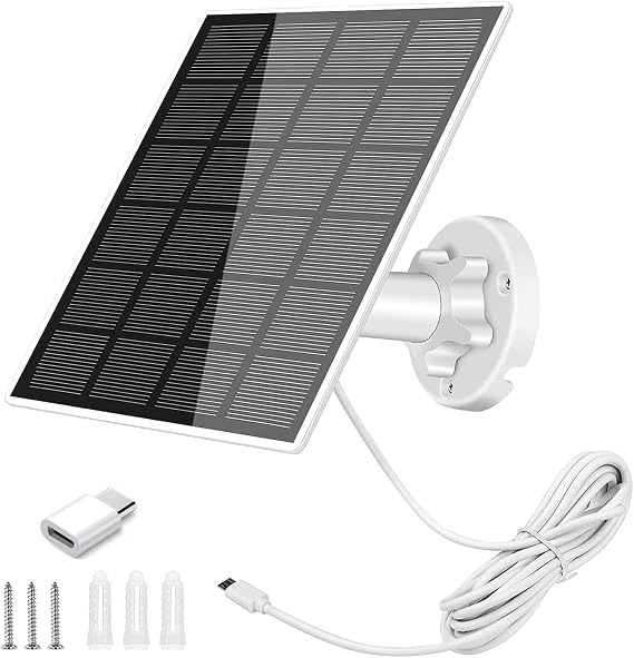Solar Panel for Security Camera 5W 5V Solar Panel Charger IP65 Waterproof Solar Charger with 360°Adjustable Mounting 9.1ft Micro USB Port Charging Cable USB-C Port Connector for Security Camera