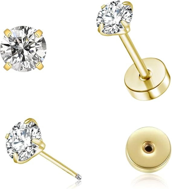 Tiny CZ Flat Screw Back Stud Earrings for Unisex, 3/4/5mm Gold Silver Screw on Flat Back Earrings, Helix Flatback Piercing Jewelry Gifts for Women Girls