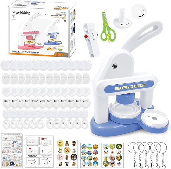 KBIBCK Button Maker Machine, 35mm and 55mm Badge Punch Press Kit, Badge Making Kit for Kids with 72 Pcs Button Parts and 3 Stickers, Badge Machine with Circle Cutter for Party, Events, Gifts (Blue)