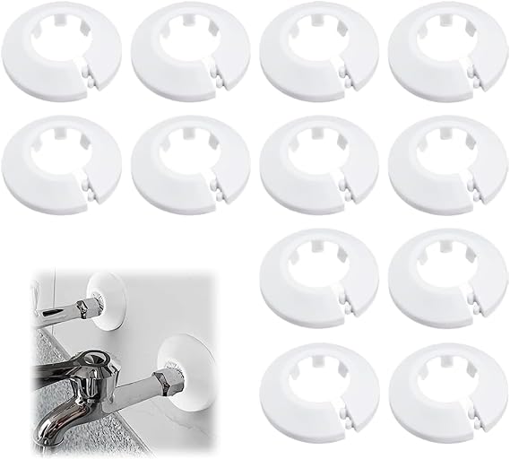Plastic Radiator Pipe Collars, Pipe Covers Sleeve, Lightweight Elegant Easy Install Multi-Purpose Split Cover-Ring for 16mm Diameter Bathroom Kitchen Wall Water Tube Decoration, 12 Pcs (White)