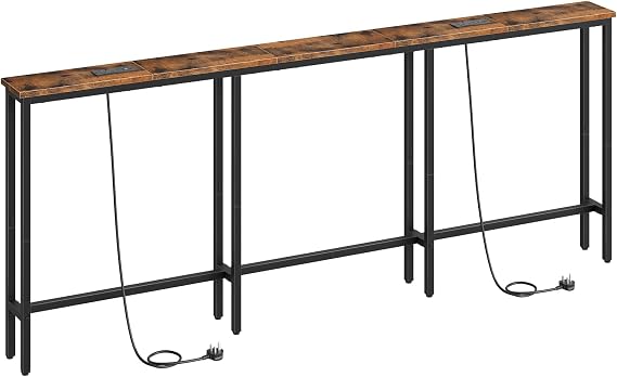HOOBRO 200 cm Slim Console Table with 2 Charging Stations, Narrow Behind Sofa Table, Long Hallway Table with Adjustable Feet, for Hallway, Living Room, Rustic Brown and Black EBF252KXG01