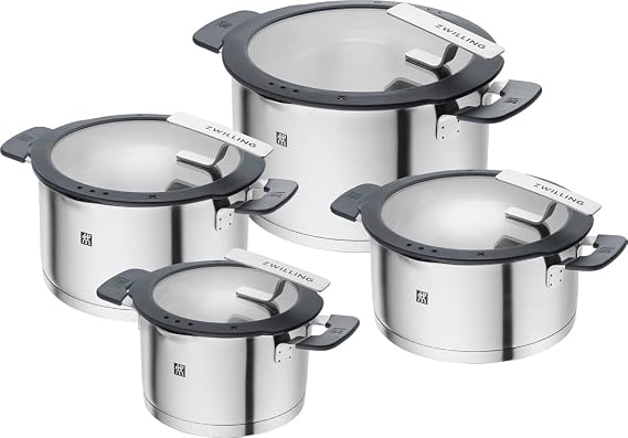 ZWILLING Simplify 4-Piece Cookware Set with Pouring Function, Stay-Cool Handles, Induction Safe, Stainless Steel, Silver