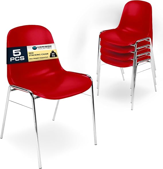 Horison Industries Heavy Duty Stackable Chair, Red, 5 Pack, 490x410x400mm