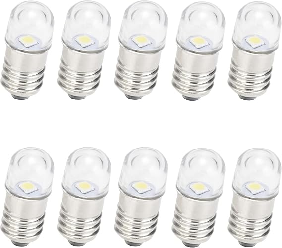 AC/DC E10 Bulbs, 10pcs 3 Volt Warm White E10 Replacement Bulbs Miniature Screw LED Lamps 0.5Watts 65Lm (3 Volt, Warm White) [Energy Class E]