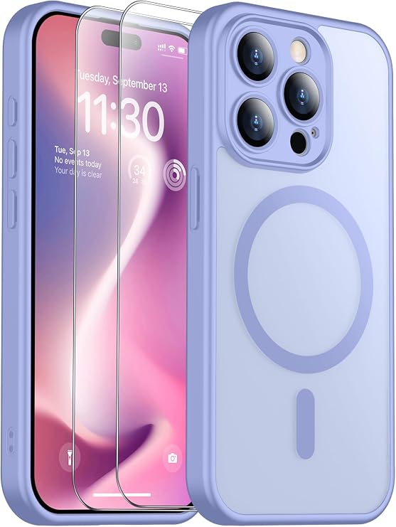 SPIDERCASE iPhone 15 Pro用デザインケース、強化ガラススクリーンプロテクター2枚付きフルカメラ保護指紋防止、傷防止携帯電話ケース、ライトパープル