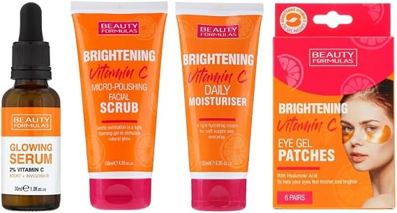 Complete Skincare for Radiant Skin with Our Vitamin C Serum 30ml, Moisturiser 100ml, Face Scrub 150ml, and Under Eye Gel Patches 6 Pairs. Robust Beauty Formulas Vitamin C 4-Pack Skincare Set.