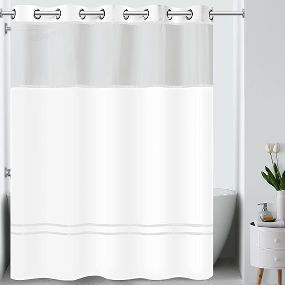 Hookless It's A Snap! Escape 3-in-1 Shower Curtain With Sheer Top Window, Flex-On Rings & Fabric Liner, 71" x 74", White