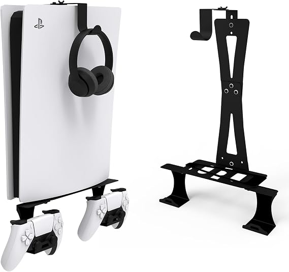 Wall Mount for PS5/PS5 Slim/PS5 pro with Controller Holder and Headphone Holder, Solid Metal PS5 Accessories - Black