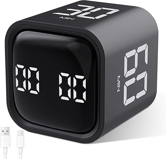 Cuteefun Rotating Cube Timer, Pomodoro Timer Desk, 5/10/30/60Min, Black