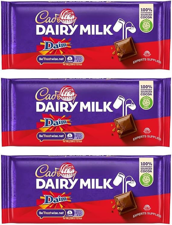 Chocolate Bundle - Dairy Milk Daim Chocolate Bar 120g Pack of 3, Milk chocolate with crunchy almond caramel pieces | Delightful Treats | Gift for All Occasions By Experts Supplies