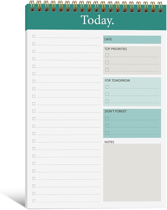 KMQOY To Do List Notepad- Daily Planner Pad Undated 52 Sheets Spiral Today Planner Note Pad Thick Paper 9.8" x 6.5" For Work and Personal Organized - （Green）