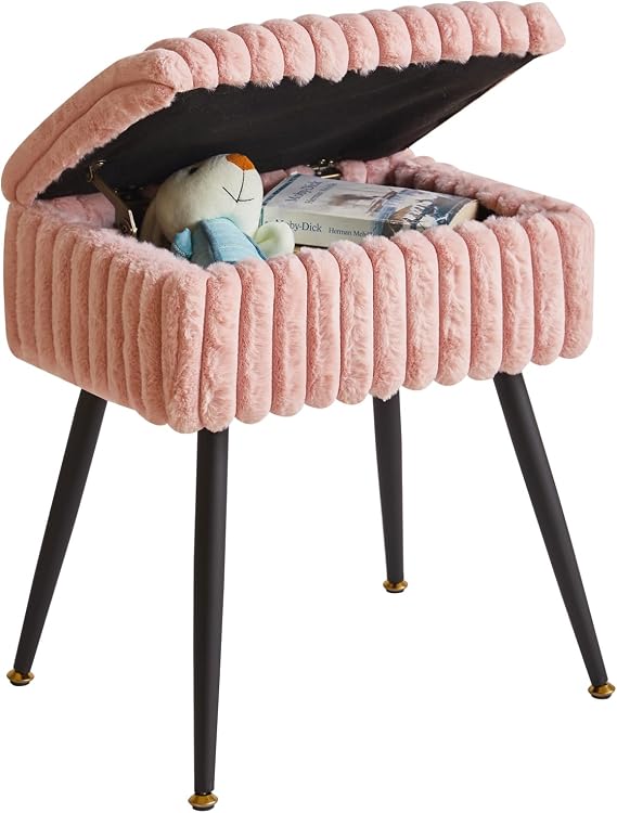 Aibiju Rectangle Dressing Table Stool with Storage Footstool Velvet Ottoman Makeup Chair with 4 Metal Legs for Home Living Room Bedroom Pink YD-MS151P