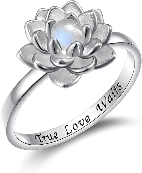 Moonstone Lotus Ring, Sterling Silver True Love Waits Engraved Lotus Flower Blossom Fidget Ring Natural Healing Buddha Spiritual Yoga Jewelry Gifts for Women