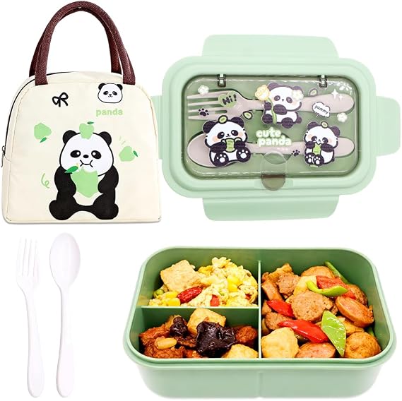 Panda Lunch Box, Leakproof Bento Box Set with Lunch Bag Utensils Lunchs Container Lunchbox Portability Snack Boxes Lunch Boxs with Compartments for Picnic, School, Travelling