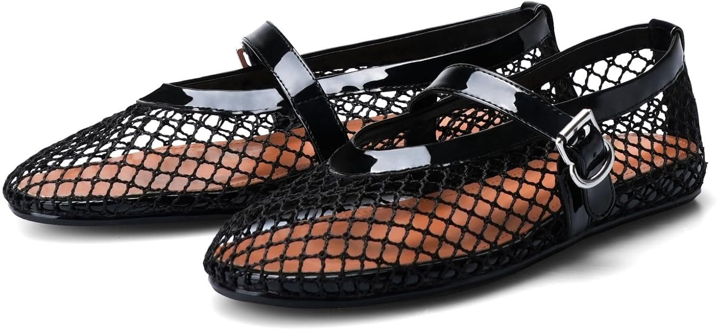 Mesh Ballet Flats for Women Fishnet Ballerina Flats Buckle Strap Mesh Ballet Shoes Wide Width Casual Summer Dress Flat Shoes