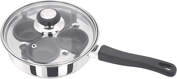 Judge Essentials Four-Cup Egg Poacher and Stainless Steel Frying Pan, 20cm, Vented Glass Lid and Stay-Cool Handle