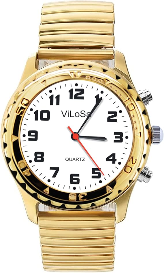 Ladies Talking Watch,Speaks The Time, Date or Alarm time for Elderly, Impaired Sight or Blind. Arabic Numbers-with Golden Stainless Expansion Band