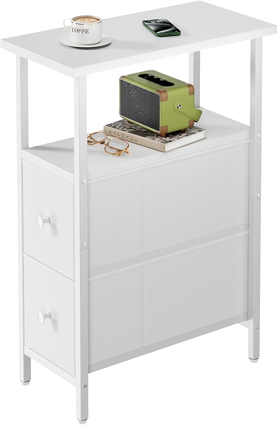 YMYNY Narrow Side Table, Slim Bedside Table with 2 Fabric Drawers, Nightstand for Small Spaces, Sofa Table with Open Storage Shelf for Bedroom Living Room, White HST019W