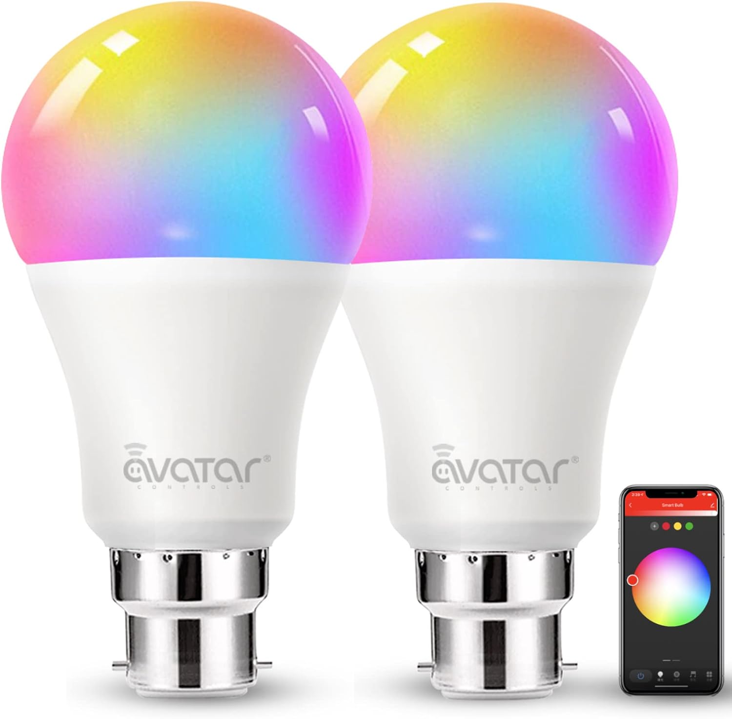 Avatar Controls Smart Bulb Alexa Light Bulbs B22 Bayonet, Colour Changing WiFi LED Lamp Bulbs 9W Set of 2 Bulbs [Energy Class F], White [Energy Class F]