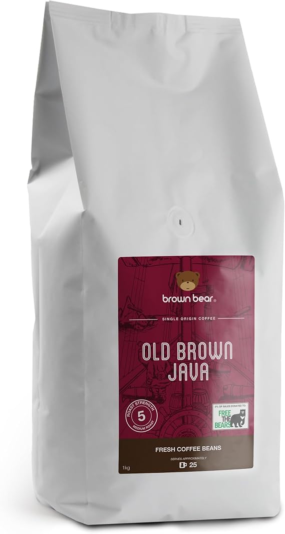Old Brown Java Dark Roast Strong Aged Coffee Beans 1kg - Suitable For All Machines - Brown Bear Indonesia Indonesian Coffee - Strength 5 - Donation to Free The Bears
