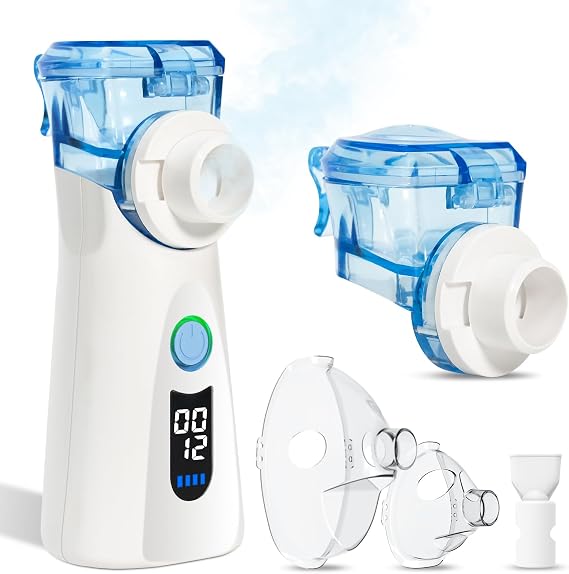 Bowfar Nebuliser Machine for Adults & Kids, Rechargeable Inhaler with 2 Medicine Cups, Particle Size 2-5µm, Portable Handheld Ultrasonic Nebulizer Easy to Use & Clean for Home & Travel - Blue