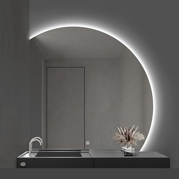 Semi-circle Frameless Led Bathroom Mirror Wall, 70 cm Backlit Illuminated Vanity Mirror with Led Lights, Irregular Wall Mounted Smart Mirror with Touch Dimmable 3 Colour