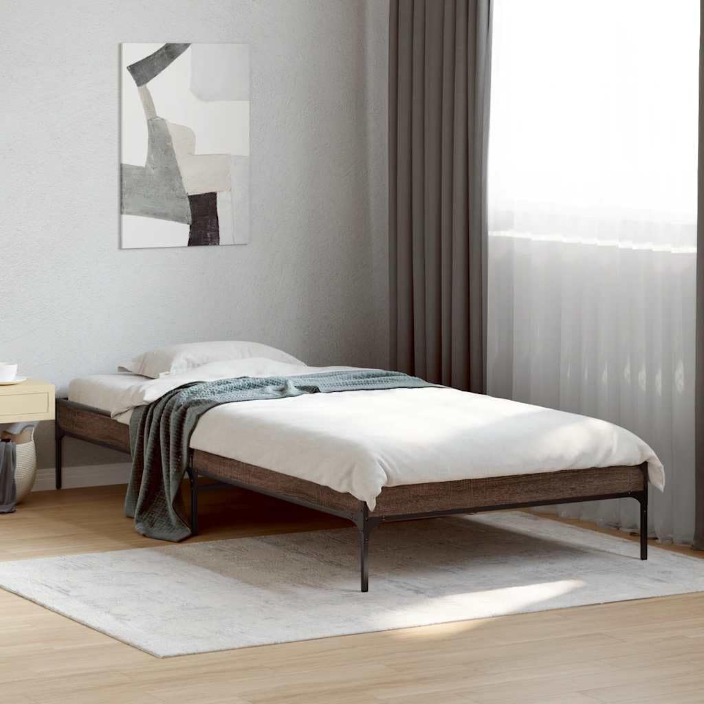 Small Single Bed Frame Brown Oak 75x190 cm Metal Legs Solid Engineered Wood Bedroom Furniture Easy Assembly for Kids Guest Rooms