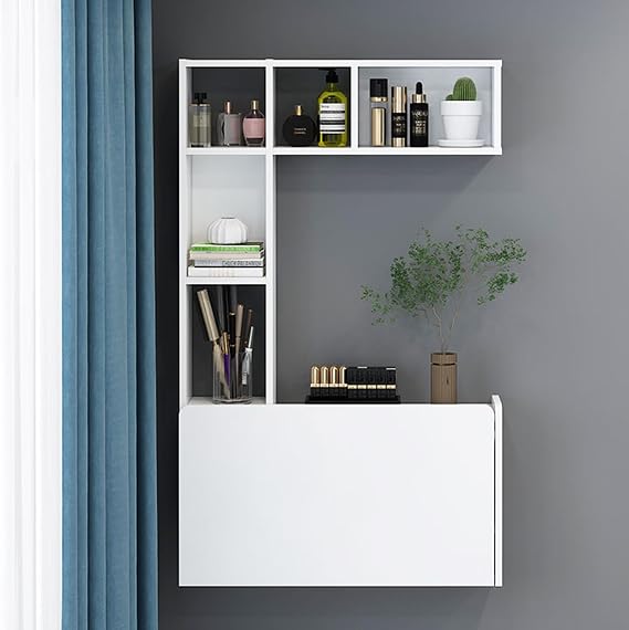 Wall Mounted Table With Storage Shelves,Foldable Dressing Table Writing Workbench For Small Space,Floating Table For Wall For Study,Bedroom,Or Living Room,Craft Cabinet With Fold Out Table(White,Left)
