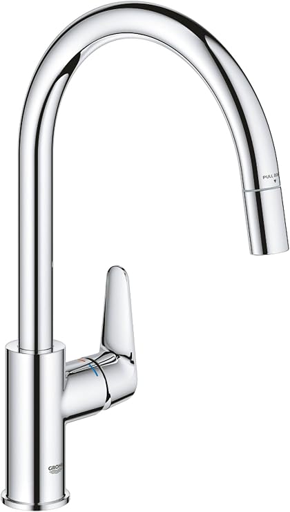 GROHE Start Curve QuickFix - Extendable Kitchen Mixer Tap with Pull-Out Function (High C-spout, 360° Swivel Area, 28 mm Ceramic Cartridge, Tail 3/8 Inch, High Pressure), Size 357mm, Chrome, 30562000