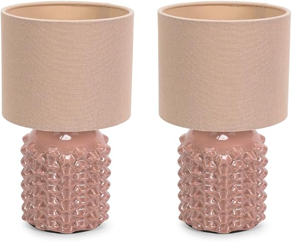 ValueLights | Pair - Ceramic Tan Geometric Textured Base Table Lamp with Drum Lampshade Bedside Light - LED Bulbs Included | Table Lamps & Home Improvements Essential [Energy Class F]