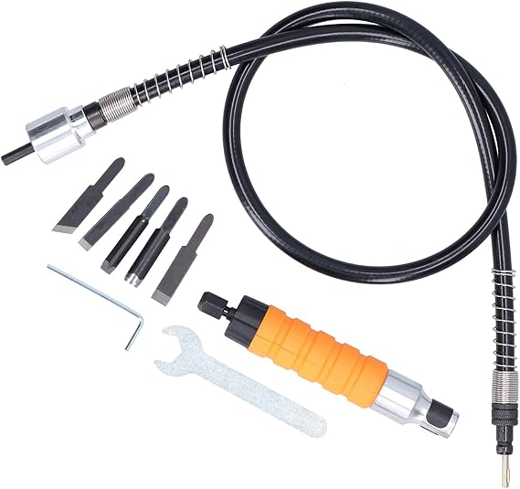 Electric Carving Chisel Tool Set with Flexible Rubber Shaft, 5 Blade Included for Woodworking and Engraving