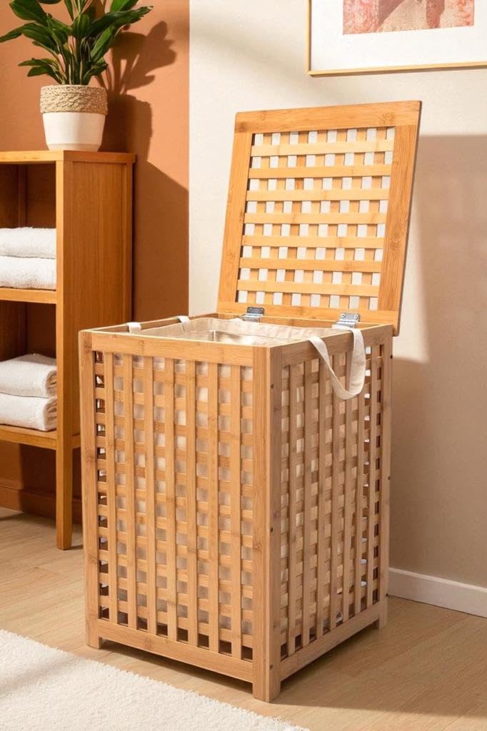 Digithome Bamboo Laundry Basket 58x40 cm Portable Cloth DB-0042 with Handle