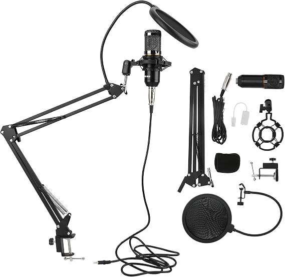 BM800 Condenser Microphone Kit USB, Professional Broadcast Microphone with Flexible Arm, Shock Mount & Desk Clip, for Streaming Singing Podcasting Recording on PC Desktop Notebook (Black+Black)