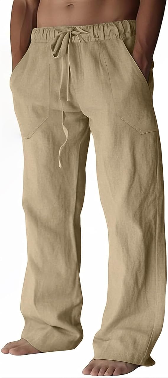 Puimentiua Mens Linen Trousers Casual Loose Fit Elasticated Waist Trousers