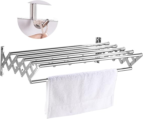 Bu duvar askısı, kancalı, geri çekilebilir ve havlu rafı, katlanabilir ve uzatılabilir paslanmaz çelik (70 cm/27,6 inç)