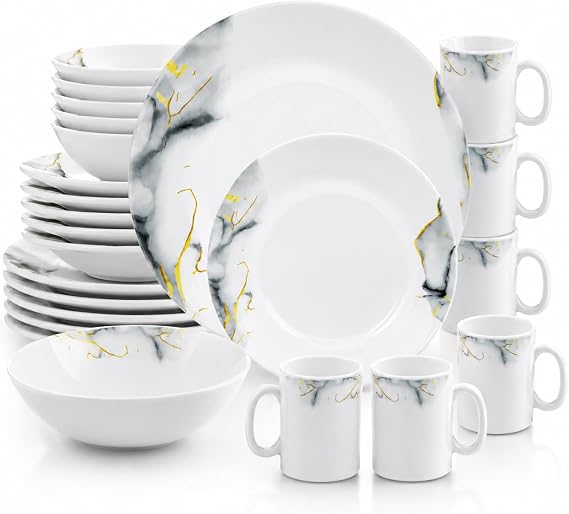 24 Piece Opal Glass Dinner Set for 6 People, White Marble Dinnerware Set with Gold Accents, 11" Dinner Plates, 9" Soup Plates, 6.5" Cereal Bowls & 350ml Mugs, Microwave, Dishwasher (24 Pcs)