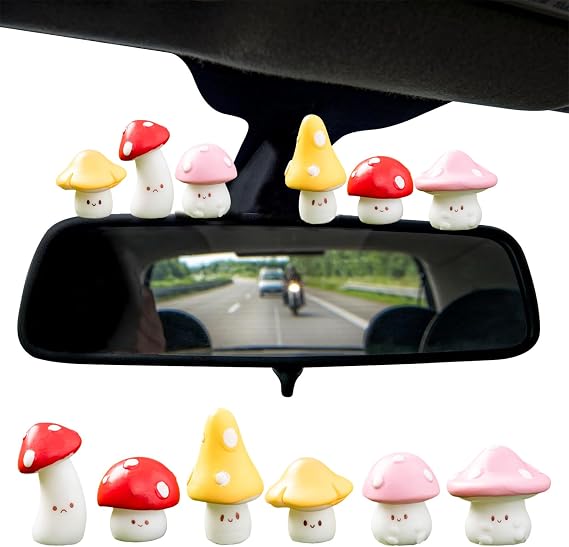 6pcs Cute Car Accessories - Mushroom Ornament Set for Dashboard & Rear View Mirror, Pink Red Yellow Car Decorations Interior