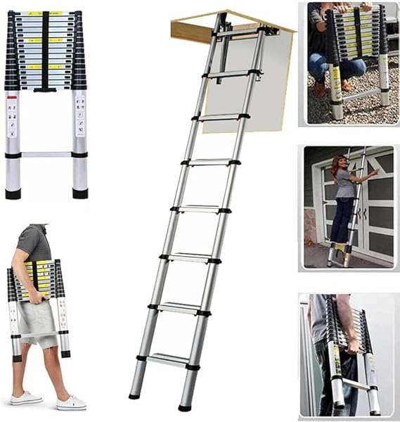 Telescopic Ladder 10.5FT, Stainless Steel Telescoping Ladder, Portable Loft Ladder for Home Outdoors, 330LB Capacity, EN131