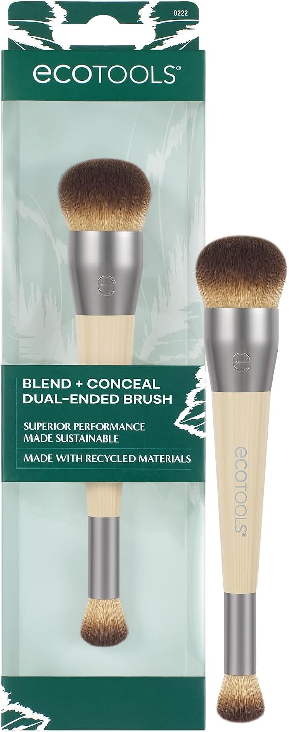 EcoTools Blend + Conceal Dual-Ended Makeup Brush, Foundation & Concealer Brush for Liquid & Cream, Synthetic Bristles, Vegan & Cruelty-Free, Travel & Eco-Friendly, 1 Count