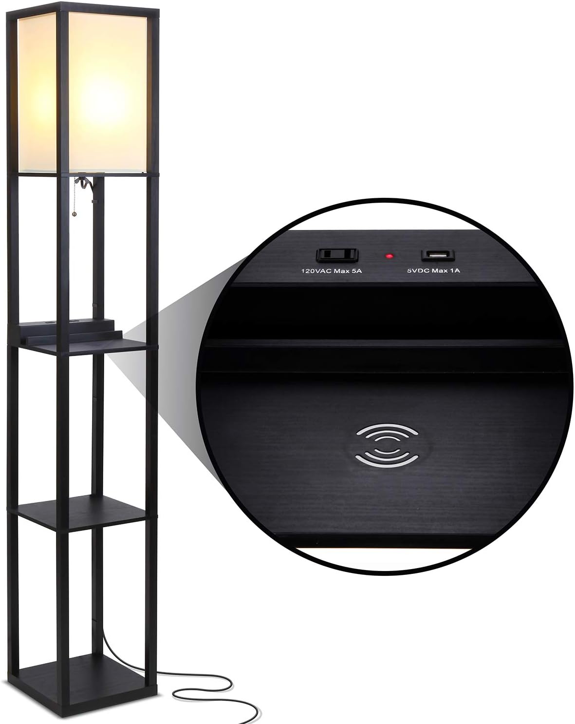 Brightech Maxwell Shelf Floor Lamp w. Wireless Charging Station, USB Port & Outlet - Column Lighting for Bedrooms, Offices & Living Rooms - Contemporary Skinny Nightstand & Tower Light - Black