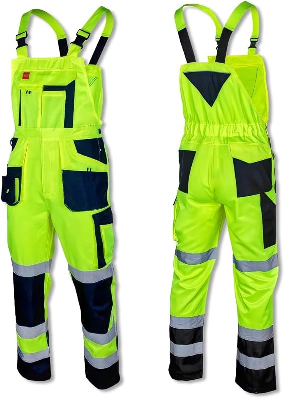 Men's Work Intensive Visibility Bib & Brace Trousers -Fluorescent Yellow- Certified Warning Clothing - Heavy Duty Safety Pants Dungarees/FLASH
