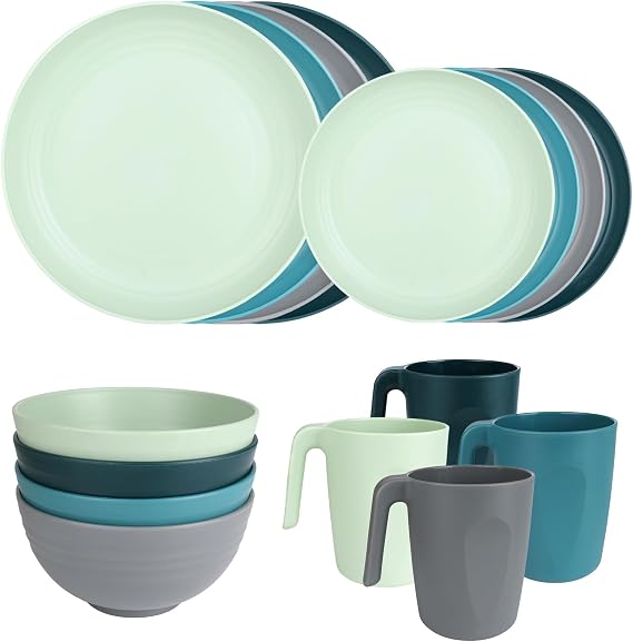 Plastic Plates and Bowls Sets - 16 Pcs Unbreakable Camping Picnic Dinner Plates and Bowls Set, Lightweight Plastic Dinnerware Set for 4, Dishwasher and Microwave Safe