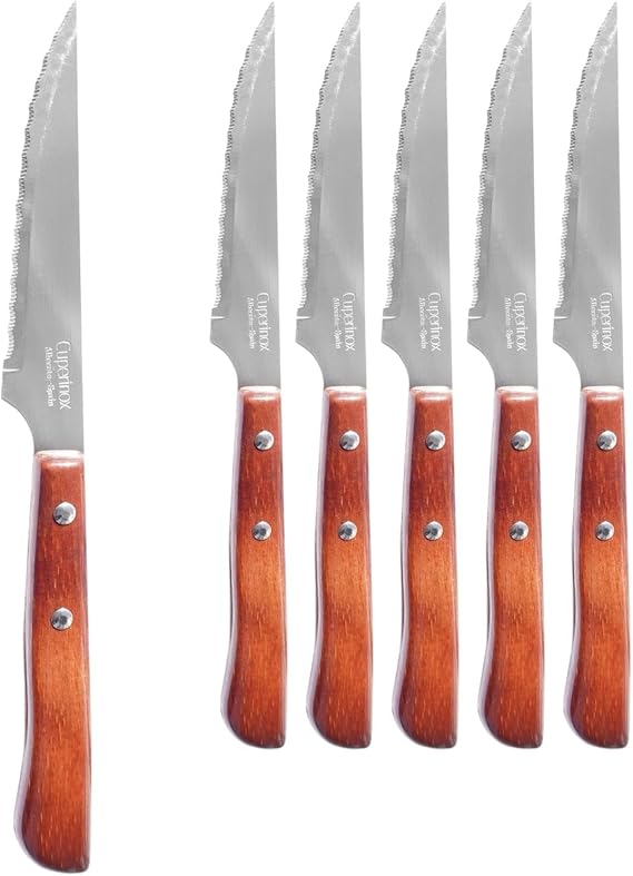 Table Knives with Wooden Handle – Set of 6 Serrated Edge Meat Knives – Traditional Palm Tree Style – Suitable for Daily Use