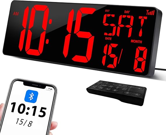 XREXS 17 Inch Large Digital Wall Clock Bluetooth Automatic Calibration Time Brightness and Sound Adjustable Wall Clock Digital Clock Wall Clock with Time/Date/Temperature for Home Kitchen Classroom
