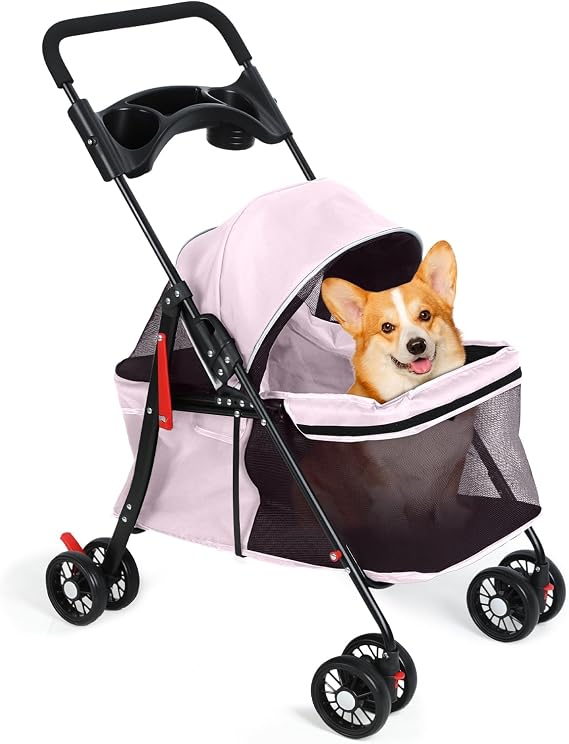 Dog Cat Stroller, 4 Wheels Outdoor Travel Pet Folding Stroller with Cup Holder, Breathable Visible Mesh, Adjustable Canopy, Rear Wheel Brake, Storage Basket, Small Dogs Cats Cage Strollers Pink